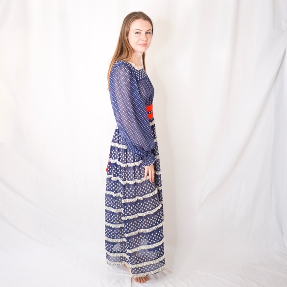 Vintage Americana Lace Peasant Maxi Dress Blue Red - Picture 3 of 8